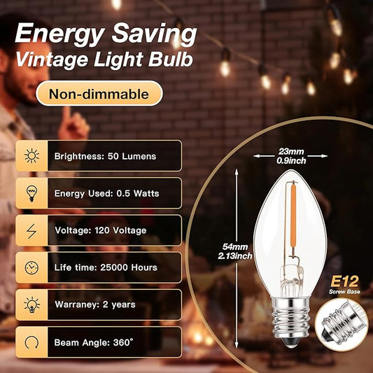 C7 LED E12 Candelabra Bulbs 0.5W (5 6 7W Equivalent), 2700K Warm White Clear Glass Night Light Bulb, 50 Lumens Small Edison Candle Bulbs for Chandelier, Salt Lamp, Window Candle, Appliance, 6 Pack