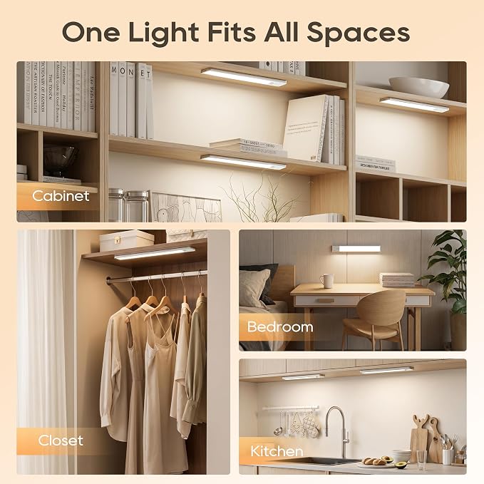 14.7 Inch Under Cabinet Lighting, 6 Color Temps Motion Sensor Light Indoor, LED Power Display Rechargeable Battery Operated Closet Light, Magnetic Dimmable Under Counter Lights for Kitchen-2 Pack
