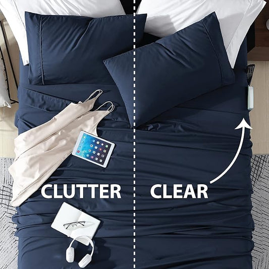 Swift Home Smart Sheets, Ultra Soft Brushed Microfiber 4-Piece Sheet Set, Fitted Bed Sheet with Side Storage Pockets – Navy, Full