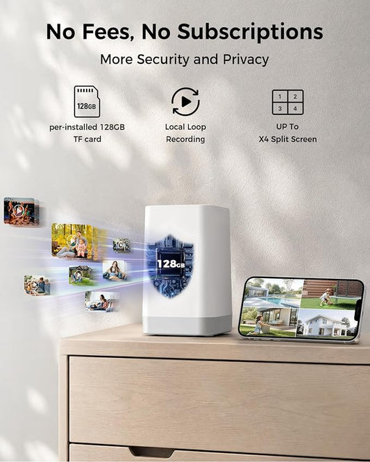4MP Security Cameras Wireless Outdoor, No Subscription 128GB Local Storage, Solar Powered Cameras For Home Security, PTZ Auto Tracking, 4Cam-Kit, Color Night Vision Home Security Camera System,5G&2.4G