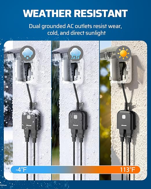 DEWENWILS Outdoor Wireless Remote Control Outlet, Dual Grounded 15A Heavy Duty Plug-in Light Switch, 100FT RF Range, Weatherproof, Individual & All-in-One Remote, 1 Remote & 3 Receivers, Black