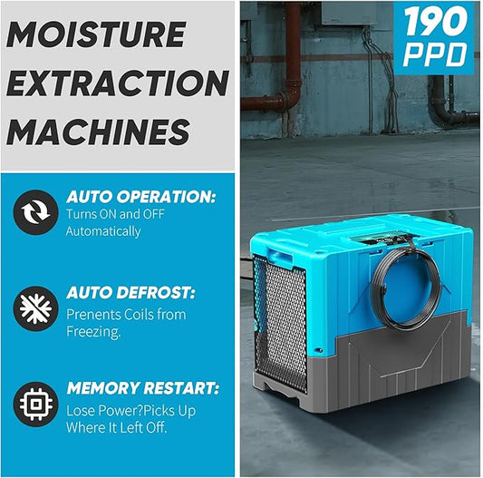 190PPD Commercial Dehumidifier with Pump for Basement-6000Sq.Ft. Warehouse, Large Space Crawl Space Dehumidifier for Efficient Water Damage Restoration-Auto Defrost, Memory Starting, 2026-Blue