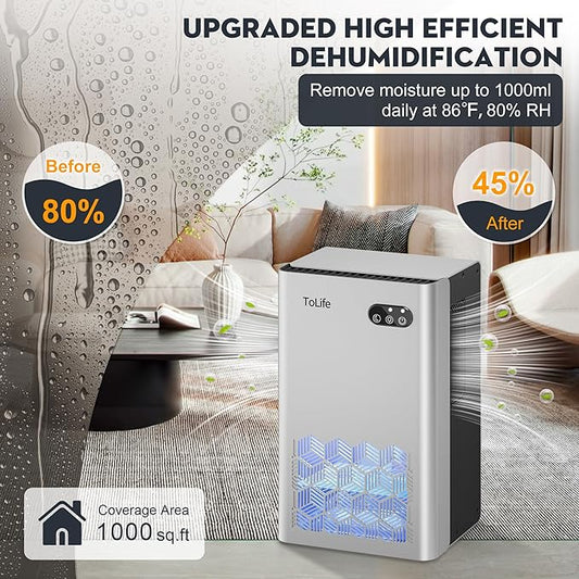 ToLife Dehumidifier for Home, 1000 sq.ft Dehumidifiers for Basement Bathroom Bedroom with 95 OZ Water Tank, Auto Shut Off 7 Colors LED Light, Silver