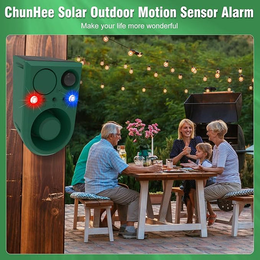 ChunHee Solar Outdoor Motion Sensor Alarm with 3Volume Control & Voice Recording, 129dB Loud Dog Barking Alarm with Red & Blue Strobe Light Noise Maker 4Work Modes for Chicken coop, Garden, Farm, Home