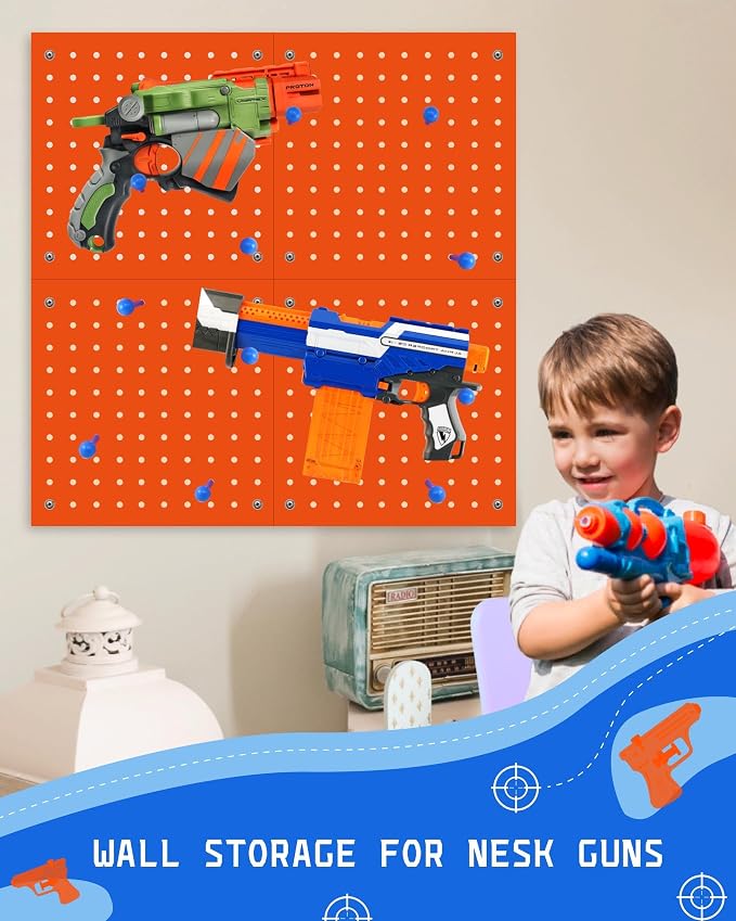 Wooden Peg Board for Nerf Gun Storage Organizer 13 x 13 x 0.31 in - Orange | 4 MDF Panels, 20 Wooden Pegs, Compatible with All Blasters Nerf Gun Rack Organizer for Wall Organization