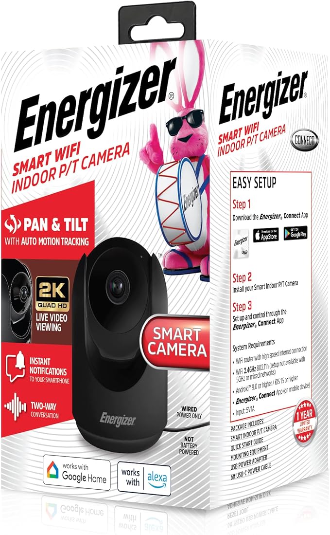 Energizer Smart 2K Indoor Pan & Tilt Wired Camera, Motion Tracking, Two-Way Audio, Night Vision, Instant Notifications, Recording, App, Hub-Free Wi-Fi Connection, Compatible with Alexa & Google Home