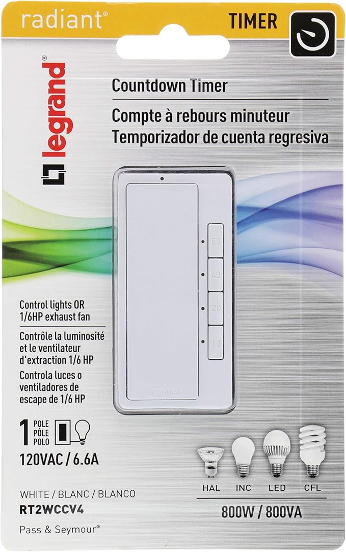 Legrand Radiant Digital Countdown Timer Rocker Light Switch, For Home Lighting Control, with Locator & Time Indicator, 60/40/20/10 Minute Settings, RT2WCCV4, White, 1 Count