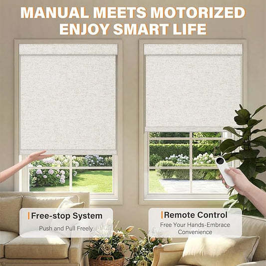 BERISSA Motorized Blinds with Remote,Dual-Control(Manual + Remote) Roller Shades,Blackout&Light Filtering Rechargeable Smart Electric Window Blinds for Home,Office,Custom Color,Custom Size