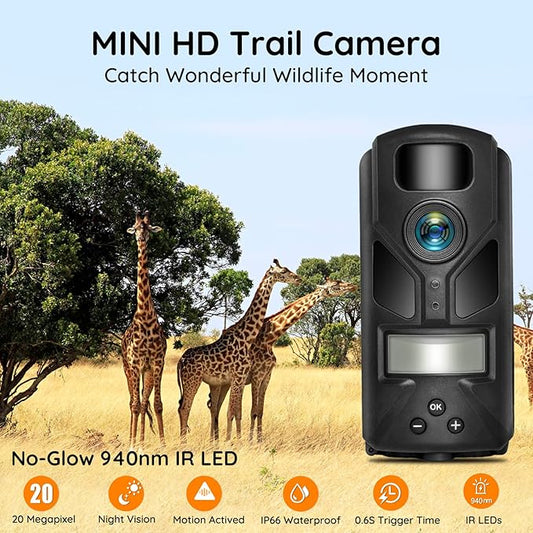 OUTDOOR EXPERT 20MP Mini Trail Camera, 1080P Hunting Camera with No Glow 940nm Night Vision Motion Activated IP66 Waterproof, 80ft Illumination Range for Wildlife Monitoring, Outdoor Use