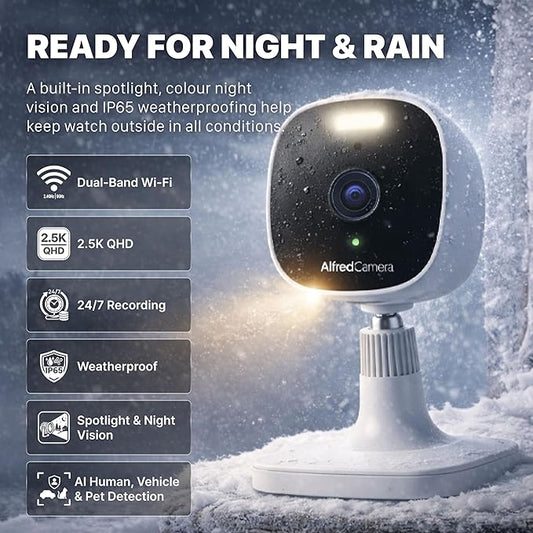 AlfredCam Plus 2 Smart Home Security Camera 2.5K, WiFi 2.4 & 5GHz, Indoor/Outdoor, IP65 Waterproof, LED Spotlight, Two-Way Audio, Color Night Vision, Baby/Pet Cam, App Powered (100M+ downloads)