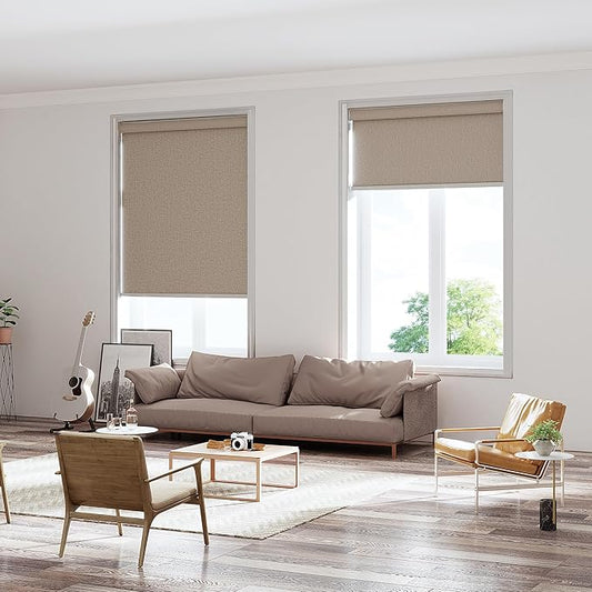 Changshade Custom Size Cordless Roller Shades with Valance, Blackout Roller Shades for Windows Roll-up Fabric Blinds with Thermal Insulated for French Door, Easy Installation Khaki Brown