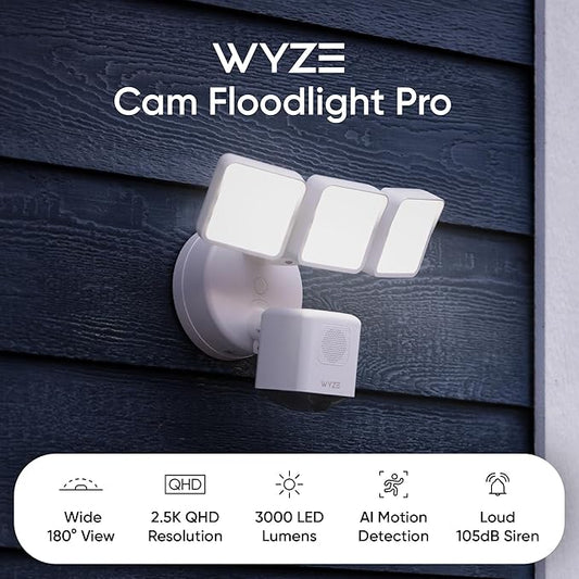 WYZE Floodlight Camera Pro, 3000-Lumen LEDs, 180° Wide View, 2K HD Outdoor Security Camera, Motion Detection, 105dB Siren, Cloud & Local Storage, Color Night Vision, Wired (Renewed)