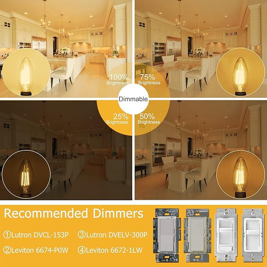Cotanic Dimmable Candelabra LED Bulb 2700K Warm White,E12 Base Ceiling Fan Light Bulb 60W Equivalent, Type B Light Bulb with Candle Shape,C35 Filament Chandelier Light Bulb Clear Glass,600LM,24 Pack