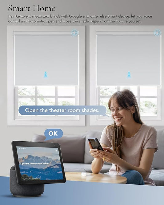 Motorized Blinds Compatible with Alexa Google Custom to 115" Width 100% Blackout Smart Blind Automatic Large Window Roller Shades Remote Control Vinyl Light Grey