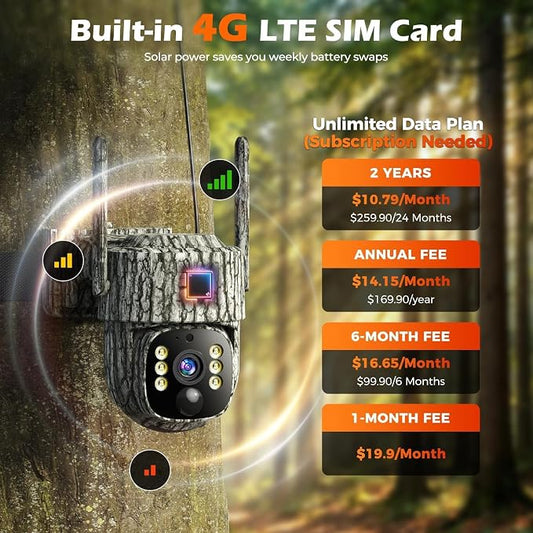 4G LTE Cellular Trail Camera, 2.5K 360° Live Feed with SIM Card Included