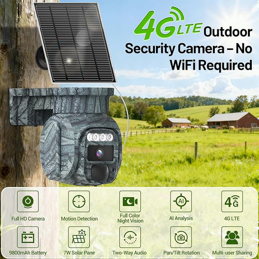 4G LTE Solar Cellular Security Camera Outdoor, Battery Power, No WiFi Wireless Camera with SIM Card Subscription Plan, 2 Way Talk, 355° View, 2K Vision, PIR Motion Sensor, Farm (Camouflage)