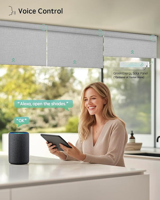 Yoolax Motorized Blinds with Remote, Designer Smart Blinds Work with Alexa, Google, Apple Homekit, 100% Blackout Motorized Shades Custom Electric Shades Voice Control (V-Foggy White)