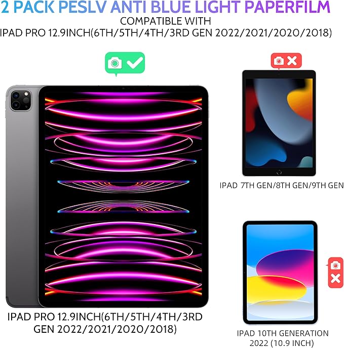 Peslv 2 Pack Anti Blue Light Paper Film for iPad Pro 12.9 Inch 2018 2020 2021 2022, Drawing & Writing Feel Like on Paper, Matte Anti Glare PET Screen Protector, BlueLight Filter Eye Protection Cover