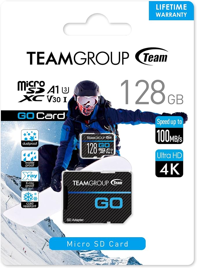 TEAMGROUP GO Card 128GB Micro SDXC UHS-I U3 V30 4K for GoPro & Action Cameras Flash Memory Card with Adapter for Outdoor 4K Shooting TGUSDX128GU303