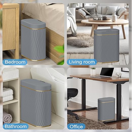 steo spce Bathroom Small Trash Can with Automatic Touchless Lid, 2.6 Gallon Smart Garbage Can Narrow Waterproof Trash Bin for Bedroom, Office, Living Room (Gold Grey)