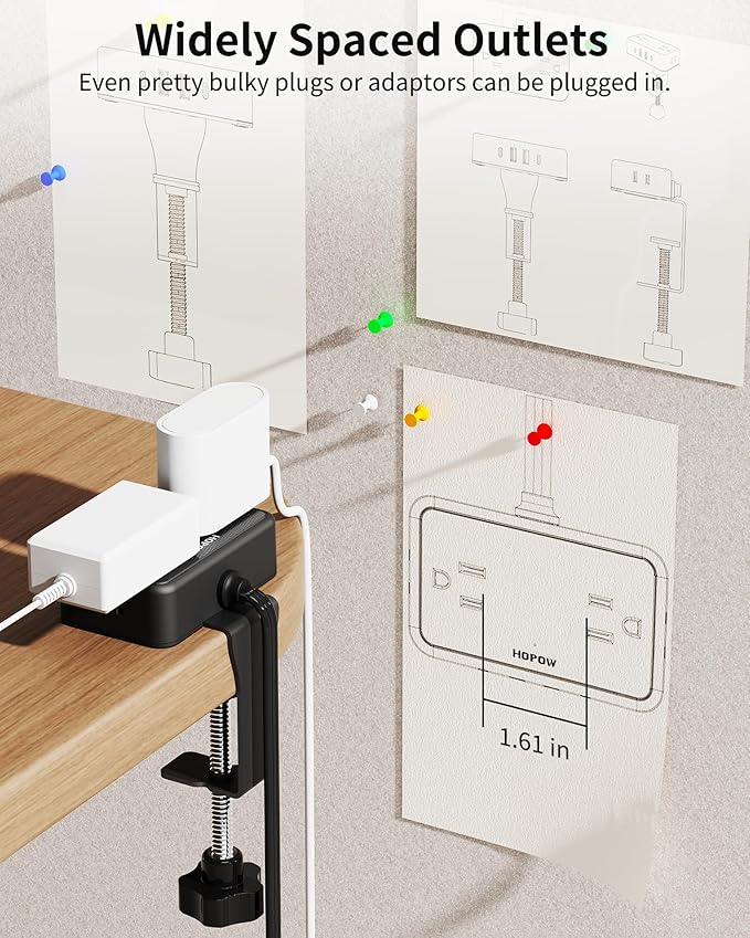 HOPOW Desk Clamp Power Strip, Desktop Mount Charging Station with 4 Outlets 4 USB Ports (2 USB C), 6Ft Under Desk Power Strip, Fits 2.75" Tabletop Edge, Extension Cord for Home Office, Black