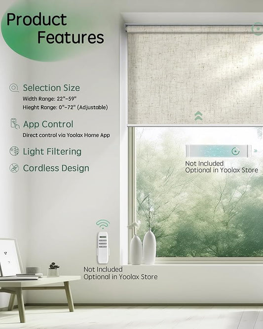 Yoolax Motorized Shades App Control, Light Filtering Automatic Blinds for Indoor Windows, Electric Roller Shades for Bedroom Living Room Office (Soft Linen Beige, 22" W x 72" H)