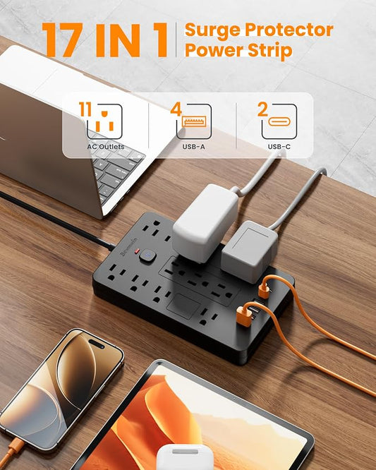 Surge Protector Power Strip - 11 Outlets(1850W/15A/14AWG) with 6 USB Ports(2 USB C), 6FT Flat Plug Extension Cord, Wall Mount, Black, ETL Listed for Home, Dorm Room