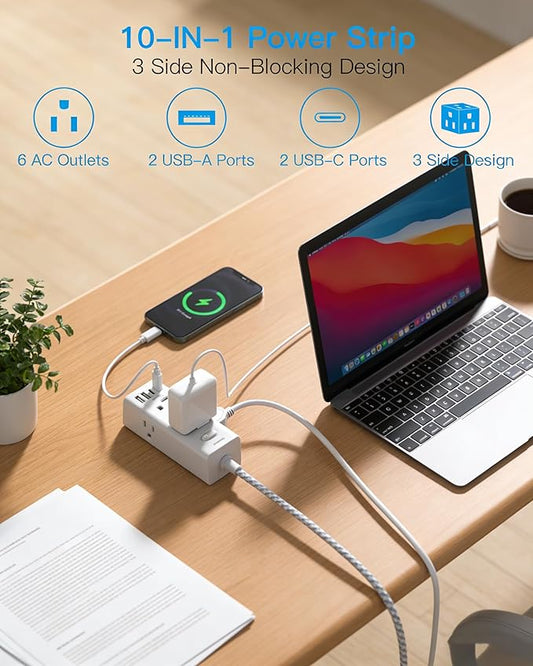 Flat Plug Extension Cord 6 Ft, One Beat 6 Feet Surge Protector Power Strip with 6 Widely Outlets 4 USB Ports (2 USB C), 3 Way Wall Outlet Extender Extension Cord for Home Office College Dorm Room