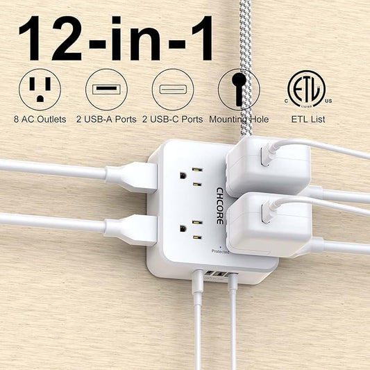 Surge Protector Power Strip - CHCORE 6Ft Braided Extension Cord with 8 Outlets with 4 USB (2 USB C) Charging Ports, Flat Plug Multi Plug Outlet Extender Charging Station for Home Office, ETL, White