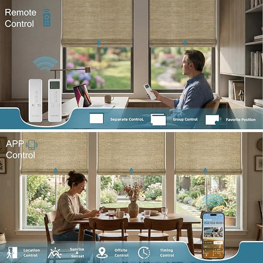 Motorized Roman Woven Woods Shades Work with HomeKit/Alexa/Google Home,Cordless Motorized Blinds,Custom Size,Crocheting Light Brown