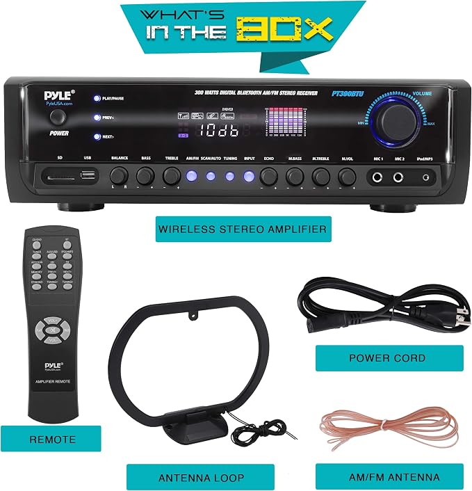 Pyle Wireless Bluetooth Home Amplifier- Connectivity Power Off Distant Devices, Input/Output Devices, Connectors/Jacks, Sound System Controls for Audio/Radio & Display Design - PT390BTU.3
