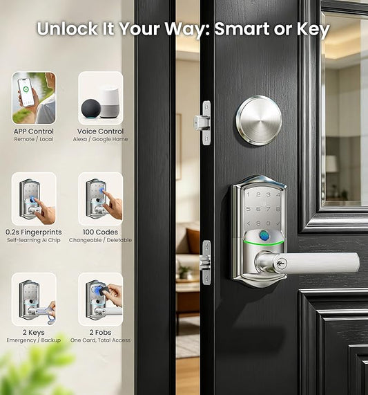 Veise VE029-E Wi-Fi Smart Lock with Handle & Non-Keyed Deadbolt, Fingerprint Keyless Entry Lock for Front Door, APP Remote Control, Keypad Electronic Digital Knob, IP65 Waterproof, Satin Nickel
