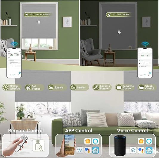 FineTell Motorized Blinds with Remote, 100% Blackout Roller Shades Compatible with Alexa,Apple Homekit,Google Home APP and Voice Control, Customized Electric Blinds (100% Blackout Pure Grey)