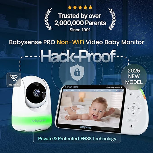 Babysense PRO Full HD 5.5" Split Screen Baby Monitor with 2 Cameras, 6-Color Night Light, White Noise, Sound & Light Machine, 20-Hour Battery, Hack-Proof Non-WiFi Secure Connection