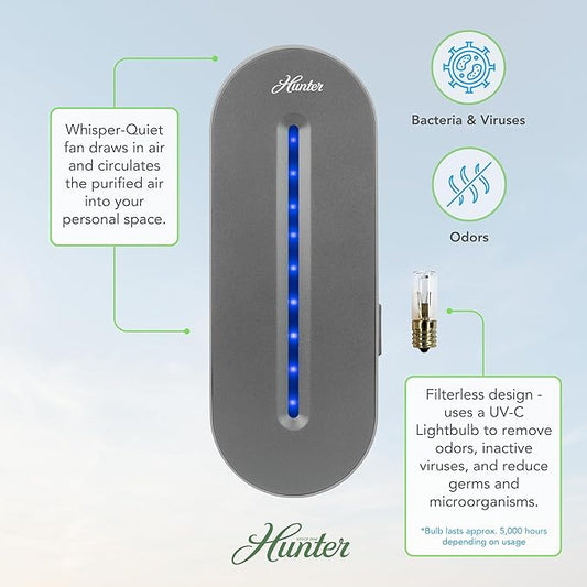 Hunter Plug-in UV Air Sanitizer, Gray – Whisper Quiet UV-C Air Sanitizer, Matches A Variety of Room Decors and Styles