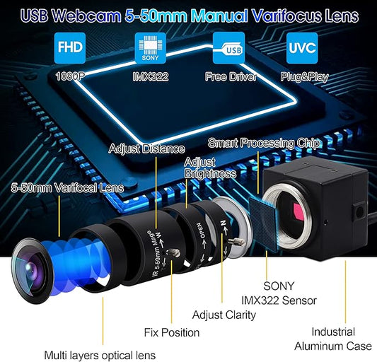 1080P USB Webcam with Zoom 5-50mm, Variable Focus, High Speed 100fps, UVC USB2.0 for PC & Industrial Video