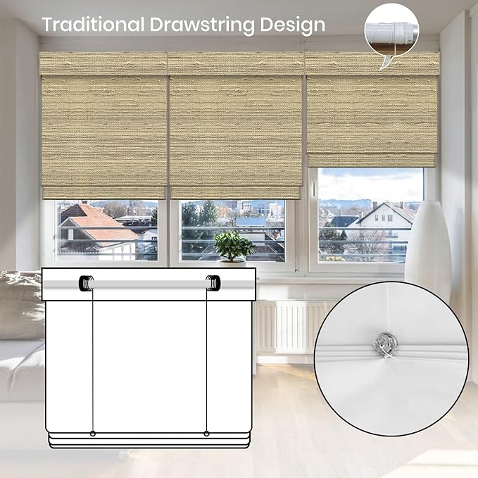 Motorized Roman Shades with Remote,Wooden Blinds Compatible with Alexa/Google/Apple Homekit,Natural Woven Wood Blinds,Customized Size,Crocheting Pale Yellow