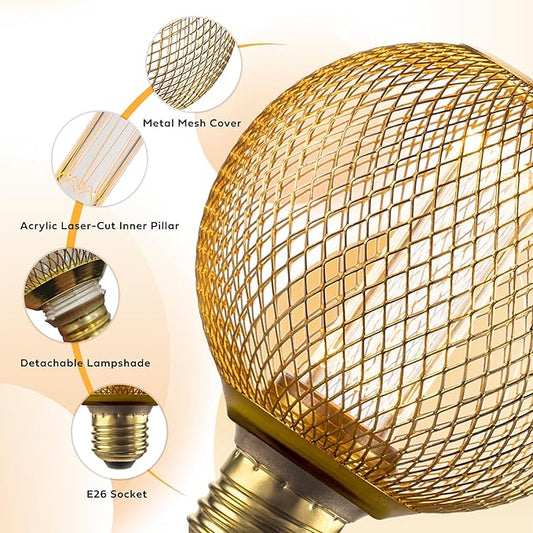 Unique Fancy Vintage Decorative LED Bulb, Special Gold Mesh Globe Edison Light,Dimmable Cozy Glow for Art Decor, E26 Base, 3.5W Cozy Warm White 2200k, Energy Efficient