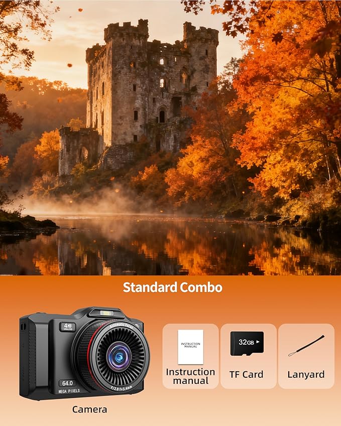 Digital Camera,4K 64MP Autofocus Vlogging Camera with Dual Lens,18X Zoom/WiFi/32GB Card/,Point and Shoot Cameras for Boys Girls Gifts (XJ600-Black)