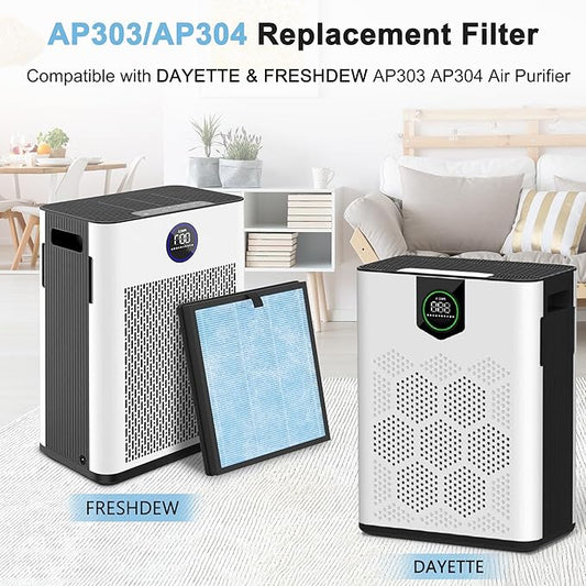 AP303 AP304 Replacement Filters, Compatible with DAYETTE & FRESHDEW Air Purifier AP303/AP304, H14 HEPA Filter with Activated Carbon, 2 Pack (Wildfire Filter)