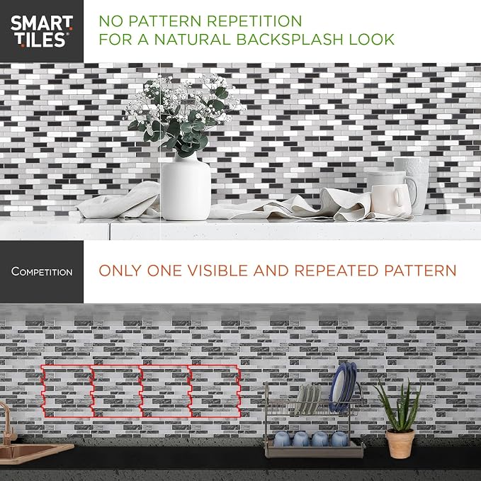 Smart Tiles Peel and Stick backsplash, Subway Carrara Marble, 10.95"x9.7" | Pack of 10 (6.3 sq ft), Glossy, Heat/Moisture Resistant, Low VOC, Kitchen/Bathroom, Renter Friendly, Made in Canada