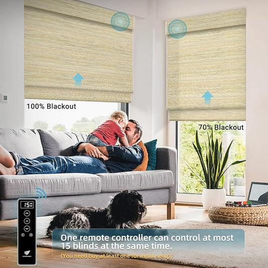 SmartWings Motorized Natural Woven Wood Shades Work with Matter Thread Homekit Z-Wave Alexa Google, 50%/70%/100% Blackout Electric Auto Roman Shades Cordless Remote Control Customized, Kenaf 253