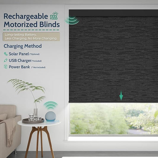 Motorized Blinds with Remote, Blackout Rechargeable Automatic Roller Shades, Cordless Smart Blinds Compatible with Alexa, Custom Blind for Indoor Windows, Moon River Black