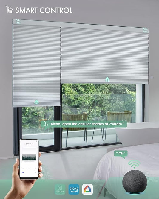 Yoolax Motorized Cellular Shades Compatible with Alexa, Blackout Motorized Blinds with Remote Smart Honeycomb Shades for Indoor Windows, Automatic Blinds Custom Size (Pearl)