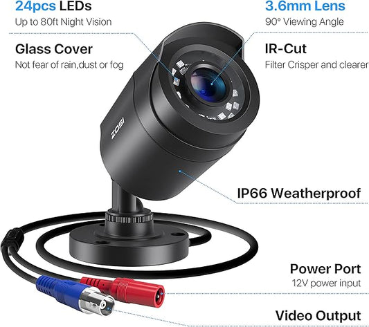 ZOSI HD-TVI Security Cameras: 4-Pack Bullet and 4-Pack Dome, 1080P 2MP 1920TVL, 80ft IR Night Vision, Indoor Outdoor Weatherproof for 4K/5MP/1080P CCTV DVR.