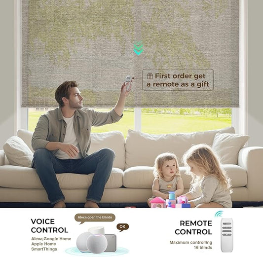 HeyBlinds Motorized Blinds with Remote, Smart Roller Shades with App & Voice Control, Work with Alexa Google HomeKit, Light Filtering Custom Window Shades for Living Room Office (Sunbeam-Camel LF)