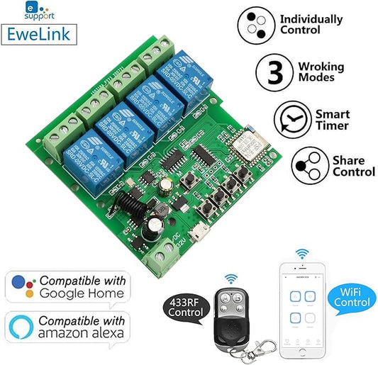 4 Channels WiFi Wireless Smart Switch Inching Self-Locking Relay Module,for DIY Access Control, Garage Door Opener with 433RF Remote Control (Ewelink App)