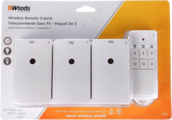 Southwire Woods Indoor Wireless Remote Kit - Controls Up to 3 Devices - Long-Range Remote Switch - Convenient One-Touch Controller - Energy-Saving Outlets - White/Orange