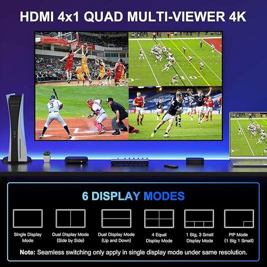 4K HDMI Multiviewer Switch 4x1 with PIP, PORTTA Quad Multi Viewer Seamless Switcher 4 in 1 Out with Toslink, 3.5mm Audio Output Support 4K 30Hz, 6 Viewing Modes, Downscaler, Compatible with PS4 Xbox