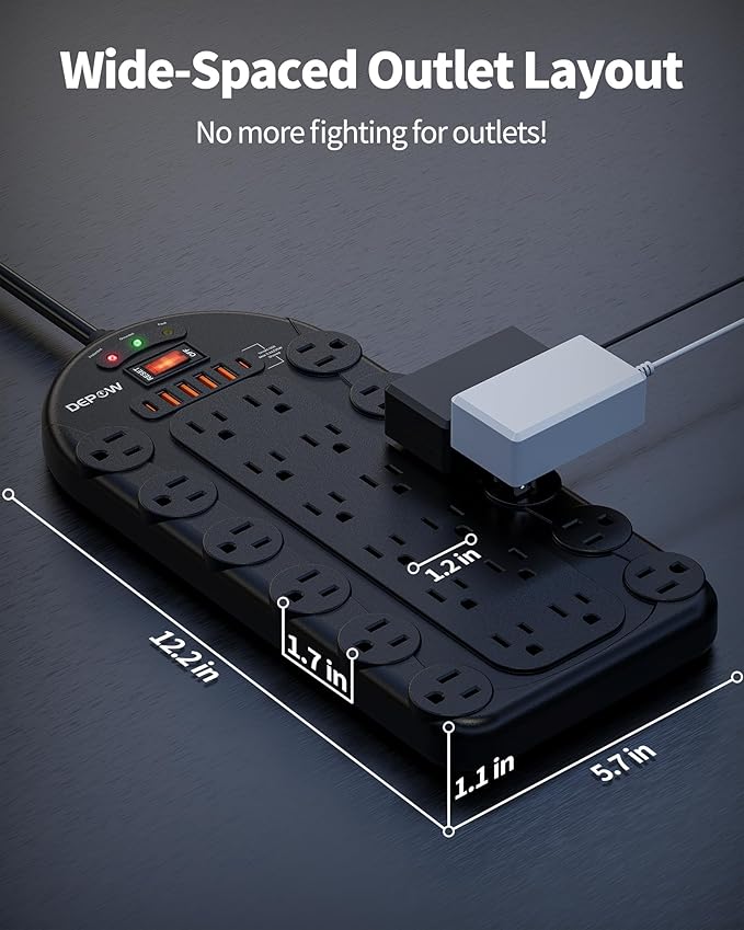 DEPOW 6.5 Ft Power Strip Surge Protector with 24 AC Outlets (1875W/15A) 6 USBs (2 USB-C Ports), 3,400 Joules, Heavy Duty Flat Plug Extension Cord, Wall Mountable for Home, Office, Black, ETL Listed